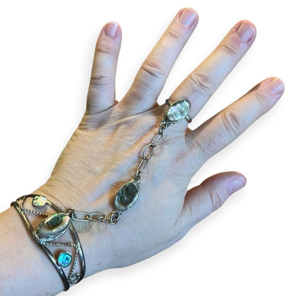 Vintage Mexican Alpaca Silver Slave Bracelet Hand Flower Abalone Ring Cuff